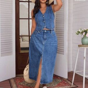 Denim Button-Front Vest and Midi Skirt Set - Blue